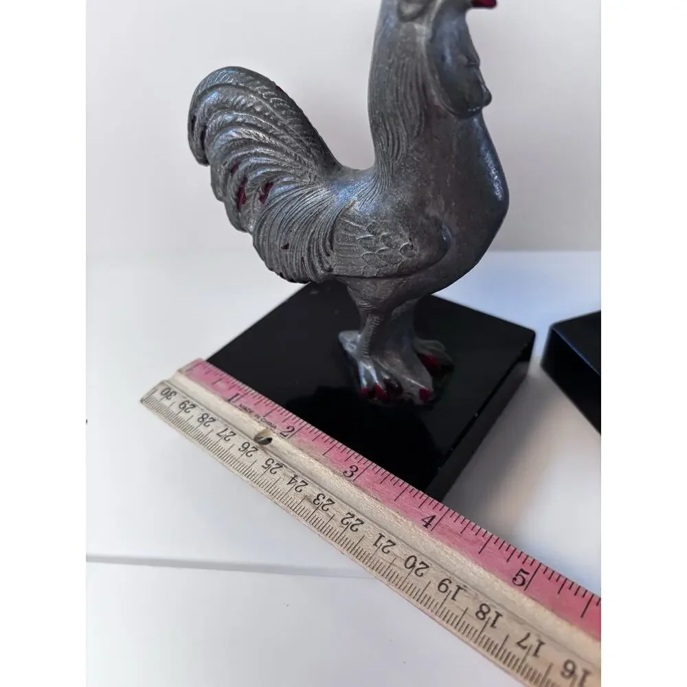 Vintage Rooster Bookends Red Silver Farmhouse French Country Kitchen Decor Heavy